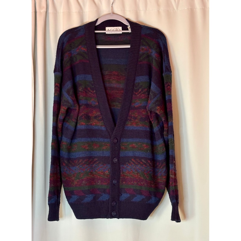 Vintage Aggio Mens Plaid Geometric Cardigan Sweater Size M V-Neck Oversized 90s